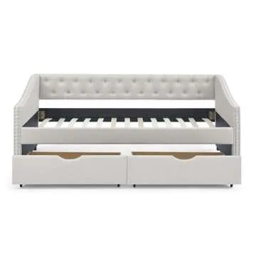 KELRIA Twin Size Upholstered Daybed with Two Storage Trundle Drawers, Wooden Sofa Bed w/Button Tufted Backrest and Waved Shape Arms, No Box Spring Needed, for Living Room, Bedroom, Dorm, Beige