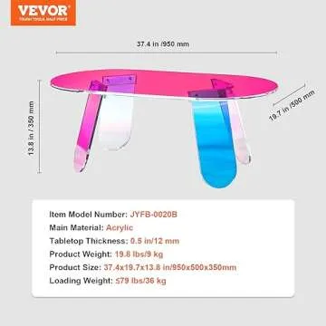VEVOR Acrylic Coffee Table, Iridescent Acrylic End Table, Colorful Acrylic Side Table 37.4 in (L) x 19.7 in (W) x 13.8IN (H) for Coffee, Drink, Food, Snack Used in Living Room, Courtyard, Terrace