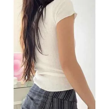 AKLOPVII Women Y2K Lace Patchwork Pointelle Knit Short Sleeve Crop Tshirt Sexy Scoop Neck Bow Fitted Aesthetic Tee Tops White