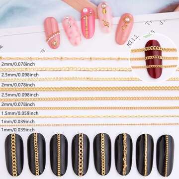 JERCLITY 8 Strips 19.7in Gold Nail Chains for Nail Art 3D Gold Nail Charms Metal Nail Art Chains Pun...