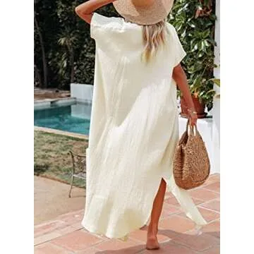 Dokotoo Swimsuit Beach Cover Ups for Women 2024 Vacation Outfits Summer Dresses Button Down Long Kimonos Cardigan Short Sleeve Side Split Casual Solid Loose Fit Fashion Bathing Suit Apricot Small