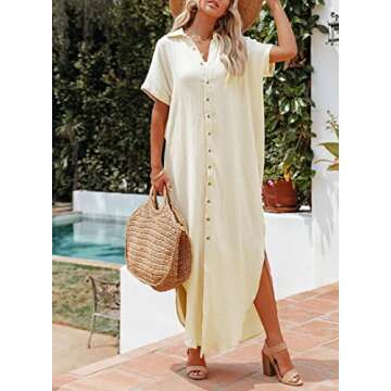 Dokotoo Swimsuit Beach Cover Ups for Women 2024 Vacation Outfits Summer Dresses Button Down Long Kimonos Cardigan Short Sleeve Side Split Casual Solid Loose Fit Fashion Bathing Suit Apricot Small