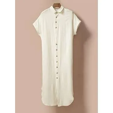 Dokotoo Swimsuit Beach Cover Ups for Women 2024 Vacation Outfits Summer Dresses Button Down Long Kimonos Cardigan Short Sleeve Side Split Casual Solid Loose Fit Fashion Bathing Suit Apricot Small