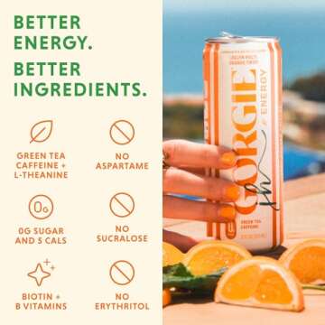 GORGIE Sugar Free Natural Energy Drinks, Jaclyn Hill Orange Twist (12 Pack) Healthy Sparkling Energy Drinks Natural Coffee Replacement with Green Tea Caffeine and Biotin, Vegan, Low Calorie