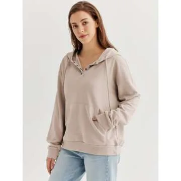 Ezymall Womens Casual Hoodies Pullover Tops Flannel Long Sleeve Sweatshirts Fall Sweaters Shirts With Pocket Apricot