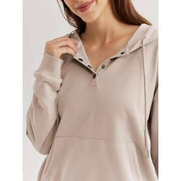 Ezymall Womens Casual Hoodies Pullover Tops Flannel Long Sleeve Sweatshirts Fall Sweaters Shirts With Pocket Apricot