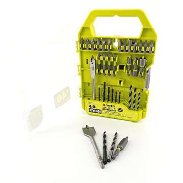 Drill Set Bundle with Ryobi 18V Cordless Drill, 1.5 Ah Lithium-ion Battery, 18-Volt Battery Charger, 40 Piece Multipurpose Drill Bits, and Buho 16 Inch Tool Bag with Outside Pockets