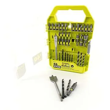 Drill Set Bundle with Ryobi 18V Cordless Drill, 1.5 Ah Lithium-ion Battery, 18-Volt Battery Charger, 40 Piece Multipurpose Drill Bits, and Buho 16 Inch Tool Bag with Outside Pockets