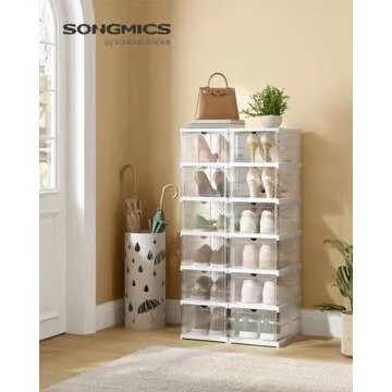 SONGMICS Foldable Shoe Boxes, Pack of 12 Stackable Shoe Storage Organizer, Set of 2 Integraed Shoe Cabinets, Portable, Fit up to US size 13, 60s Assembly, Transparent and Cloud White ULSP206W01