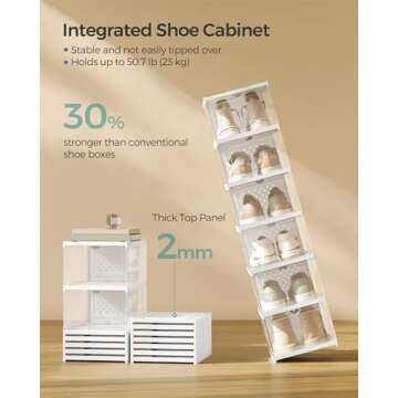 SONGMICS Foldable Shoe Boxes, Pack of 12 Stackable Shoe Storage Organizer, Set of 2 Integraed Shoe Cabinets, Portable, Fit up to US size 13, 60s Assembly, Transparent and Cloud White ULSP206W01