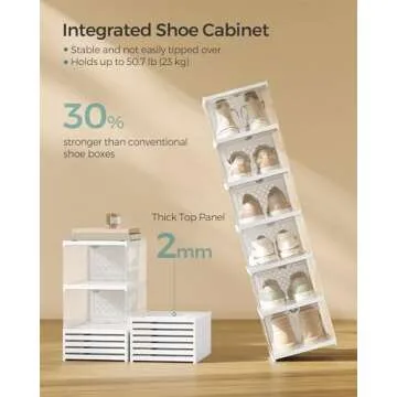 SONGMICS Foldable Shoe Boxes, Pack of 12 Stackable Shoe Storage Organizer, Set of 2 Integraed Shoe Cabinets, Portable, Fit up to US size 13, 60s Assembly, Transparent and Cloud White ULSP206W01