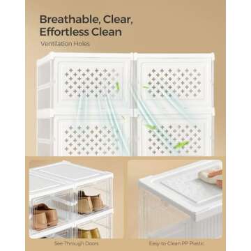 SONGMICS Foldable Shoe Boxes, Pack of 12 Stackable Shoe Storage Organizer, Set of 2 Integraed Shoe Cabinets, Portable, Fit up to US size 13, 60s Assembly, Transparent and Cloud White ULSP206W01