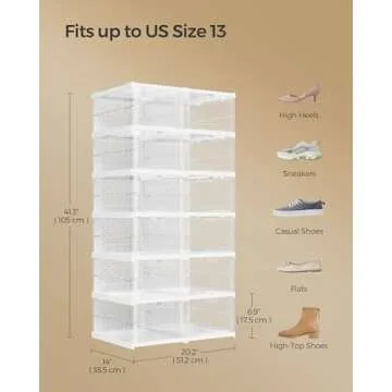 SONGMICS Foldable Shoe Boxes, Pack of 12 Stackable Shoe Storage Organizer, Set of 2 Integraed Shoe Cabinets, Portable, Fit up to US size 13, 60s Assembly, Transparent and Cloud White ULSP206W01