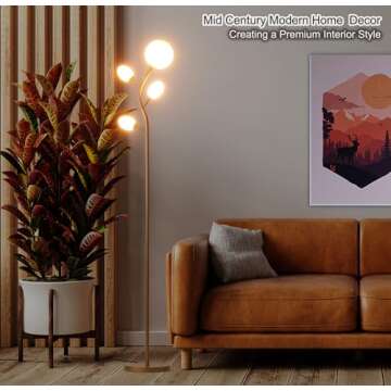 Fiqevs Tree Floor Lamp with 4 Frosted Globe and LED Bulbs, Vintage Gold Standing Lamp, torchiere Mid...