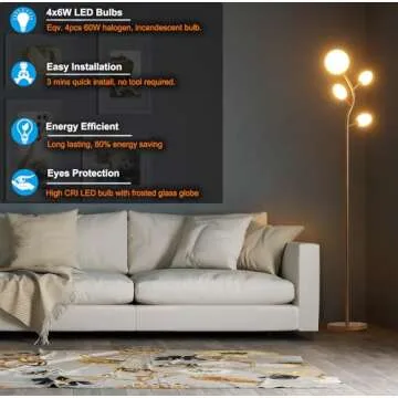 Fiqevs Tree Floor Lamp with 4 Frosted Globe and LED Bulbs, Vintage Gold Standing Lamp, torchiere Mid Century Modern Lamp for Living Room, Bedroom, Office - Antique Brass