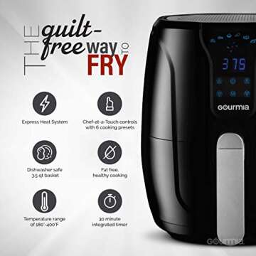 Gourmia GAF328 Digital Air Fryer - Oil-Free Healthy Cooking - 3.5-Quart Capacity - 6 Preset Cook Modes - Removable, Dishwasher-Safe Tray - Free Recipe Book Included