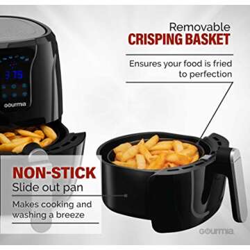 Gourmia GAF328 Digital Air Fryer - Oil-Free Healthy Cooking - 3.5-Quart Capacity - 6 Preset Cook Modes - Removable, Dishwasher-Safe Tray - Free Recipe Book Included
