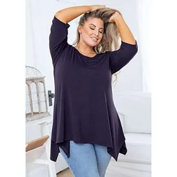 AusLook Plus Size Tops for Women 3/4 Sleeve Navy Blue 1X Crewneck Tunic Clothing Flowy Blouse Loose Fit Babydoll Summer Fall Winter Maternity Shirts Wear with Leggings