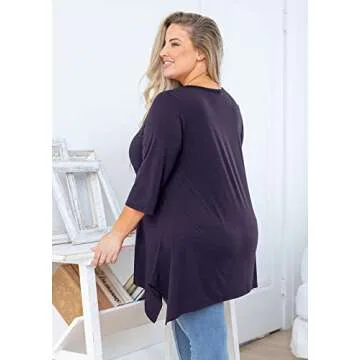 AusLook Plus Size Tops for Women 3/4 Sleeve Navy Blue 1X Crewneck Tunic Clothing Flowy Blouse Loose Fit Babydoll Summer Fall Winter Maternity Shirts Wear with Leggings