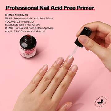 Morovan Acid Free Nail Primer - Professional Gel Nail Primer for Acrylic and Gel Nail Polish No Lift Primer Nail Prep Bond 0.5 oz No Burn Fast Air Dry Nail Bonder for UV Gel Supplies Set