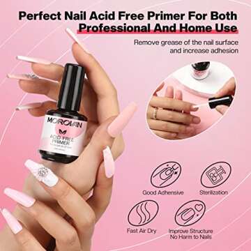 Morovan Acid Free Nail Primer - Professional Gel Nail Primer for Acrylic and Gel Nail Polish No Lift Primer Nail Prep Bond 0.5 oz No Burn Fast Air Dry Nail Bonder for UV Gel Supplies Set