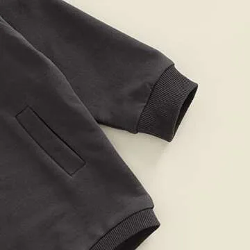 Newborn Infant Baby Boy Girl Basic Plain Pocket Long Sleeve Romper Bodysuit Tops Solid Fall Outfit Clothes (Black Gray, 6-12 Months)