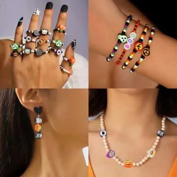 Gushu 850 Pcs Halloween Clay Beads Charms for Bracelet Necklace Earring Jewelry Making Kit, Cute Fun Heishi Polymer Clay Beads Pony Beads Glow Letter Beads for Women