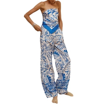 Faretumiya Women 2 Piece Tube Top Pants Set Satin Strapless Crop Top Wide Leg Pants Outfits Y2K Summ...