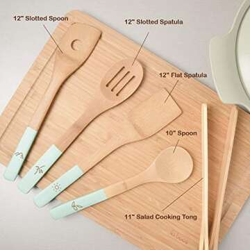 Organic 6 Piece Bamboo Cooking & Serving Utensils Set | Kitchen Accessories Kit In Colorful Utensil Holder | Spoon & Spatula & Salad Tong Mix | Space-Saving Wood Kitchen Gadgets Set | By laboos