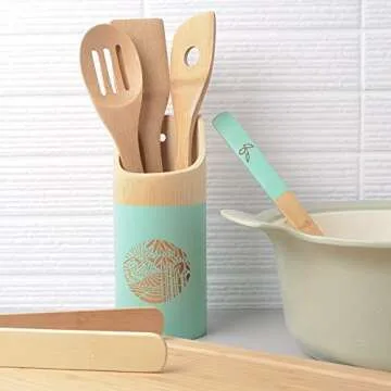 Organic 6 Piece Bamboo Cooking & Serving Utensils Set | Kitchen Accessories Kit In Colorful Utensil Holder | Spoon & Spatula & Salad Tong Mix | Space-Saving Wood Kitchen Gadgets Set | By laboos