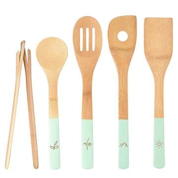 Organic 6 Piece Bamboo Cooking & Serving Utensils Set | Kitchen Accessories Kit In Colorful Utensil Holder | Spoon & Spatula & Salad Tong Mix | Space-Saving Wood Kitchen Gadgets Set | By laboos