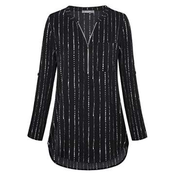 Furnex Women Chiffon Blouses, Women's Shirts with Zipper Formal 3/4 Cuffed Sleeve Work Blouses Office Tunic Shirt V Neck Ladies Dressy Tops Business Casual Tunics for Leggings Career Striped Shirts L