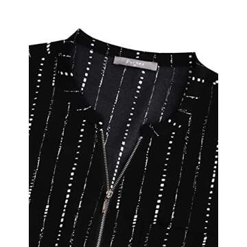 Furnex Women Chiffon Blouses, Women's Shirts with Zipper Formal 3/4 Cuffed Sleeve Work Blouses Office Tunic Shirt V Neck Ladies Dressy Tops Business Casual Tunics for Leggings Career Striped Shirts L