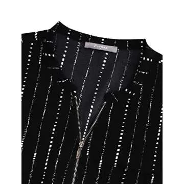 Furnex Women Chiffon Blouses, Women's Shirts with Zipper Formal 3/4 Cuffed Sleeve Work Blouses Office Tunic Shirt V Neck Ladies Dressy Tops Business Casual Tunics for Leggings Career Striped Shirts L
