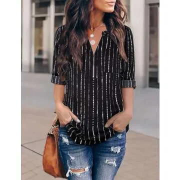 Furnex Women Chiffon Blouses, Women's Shirts with Zipper Formal 3/4 Cuffed Sleeve Work Blouses Office Tunic Shirt V Neck Ladies Dressy Tops Business Casual Tunics for Leggings Career Striped Shirts L