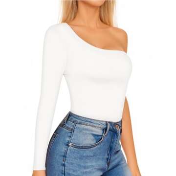 MANGOPOP Women's One Shoulder Off Shoulder Long Sleeve Bodysuit Tops