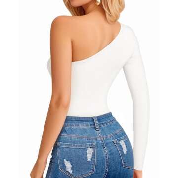 MANGOPOP Women's One Shoulder Off Shoulder Long Sleeve Bodysuit Tops