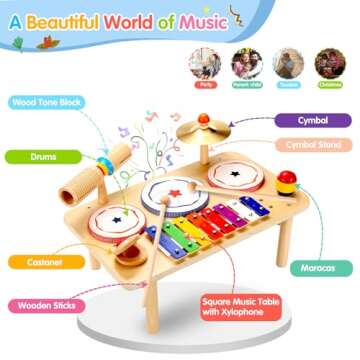 Kids Drum Set, Baby Musical Instruments Toys for Toddlers, 9 in 1 Wooden Xylophone Toddler Drum Set ...