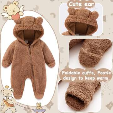 UVIPC Newborn Baby Fleece Footie Snowsuit Winter Onesie Cartoon Bear Warm Hooded Outfits for Girls Boys