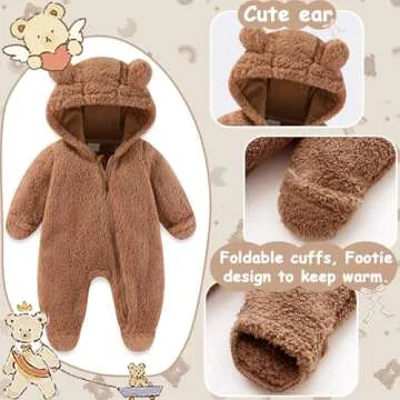 UVIPC Newborn Baby Fleece Footie Snowsuit Winter Onesie Cartoon Bear Warm Hooded Outfits for Girls Boys