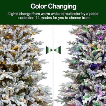 Hykolity 6.5 ft Prelit Snow Flocked Christmas Tree, 2024 PE&PVC Realistic Branch Tips, Artificial Twinkling Christmas Tree with 350 Color Changing LED Lights, Metal Stand and Hinged Branches, 11 Modes