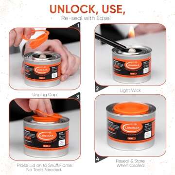 Luminar Resealable-Wick Chafing Fuel Cans, 24 Pack, 4 Hour - Premium Quality Burners for Food Warmers - No More Spills, Waste, or Hassle - Perfect for Convenient, and Long-Lasting Event Catering