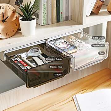 Under Desk Drawer Storage Organizer, Self-adhesive Under Table Drawer, Attachable Under Desk Storage Drawer, Stick On Desk Drawer, Hidden Desktop Organizer Pen Holder for Desk(Large, White)
