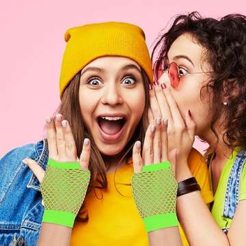 2 Pairs Fluorescent Green Fingerless Fishnet Gloves Women 80s Short Stretch Mesh Gloves Retro Nylon Fish Net Fingerless Gloves for 80's Theme Party Halloween Cosplay Women Costume Accessories