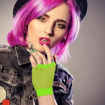 2 Pairs Fluorescent Green Fingerless Fishnet Gloves Women 80s Short Stretch Mesh Gloves Retro Nylon Fish Net Fingerless Gloves for 80's Theme Party Halloween Cosplay Women Costume Accessories