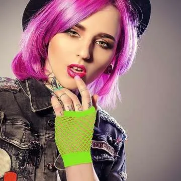 2 Pairs Fluorescent Green Fingerless Fishnet Gloves Women 80s Short Stretch Mesh Gloves Retro Nylon Fish Net Fingerless Gloves for 80's Theme Party Halloween Cosplay Women Costume Accessories