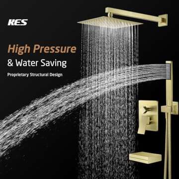 KES Bath Shower Faucet Set Tub and Shower Faucet Set Rain Shower Head with Handheld Shower System Pressure Balance Brushed Gold, XB6305F18-BZ