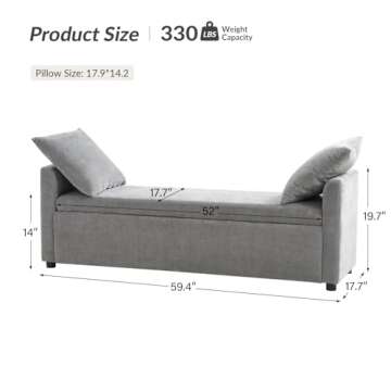 HULALA HOME Modern Storage Bench with Throw Pillows, 59.4" Extra Long Bedroom Ottoman Bench for End ...