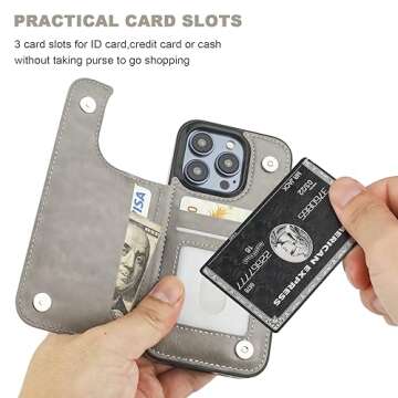 Onetop Compatible with iPhone 15 Pro Wallet Case with Card Holder, PU Leather Kickstand Card Slots Case, Double Magnetic Clasp and Durable Shockproof Cover 6.1 Inch (Gray)