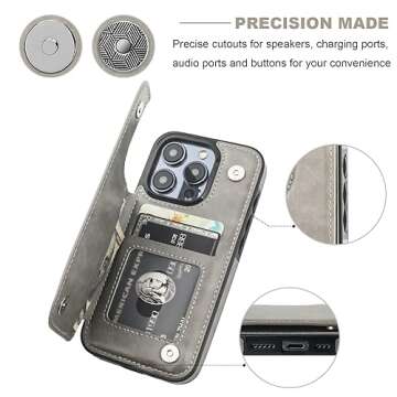 Onetop Compatible with iPhone 15 Pro Wallet Case with Card Holder, PU Leather Kickstand Card Slots Case, Double Magnetic Clasp and Durable Shockproof Cover 6.1 Inch (Gray)